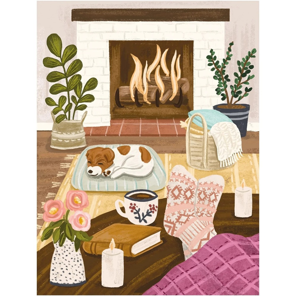 550 Pieces Olivia Gibbs Jigsaw Puzzle Cozy Fireplace Terrier Dog Coffee Candle